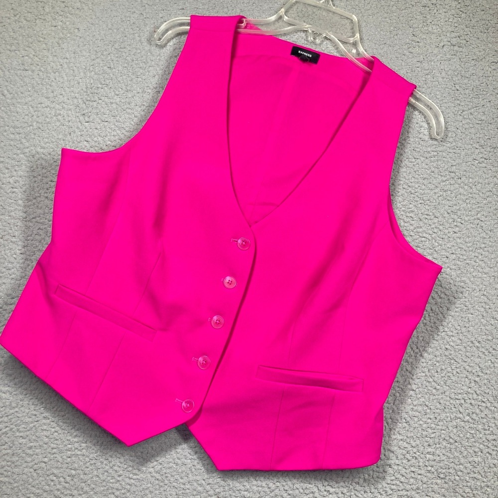 Express Editor Vest Womens XL Hot Pink Button Front Tailored Stretch Waistcoat